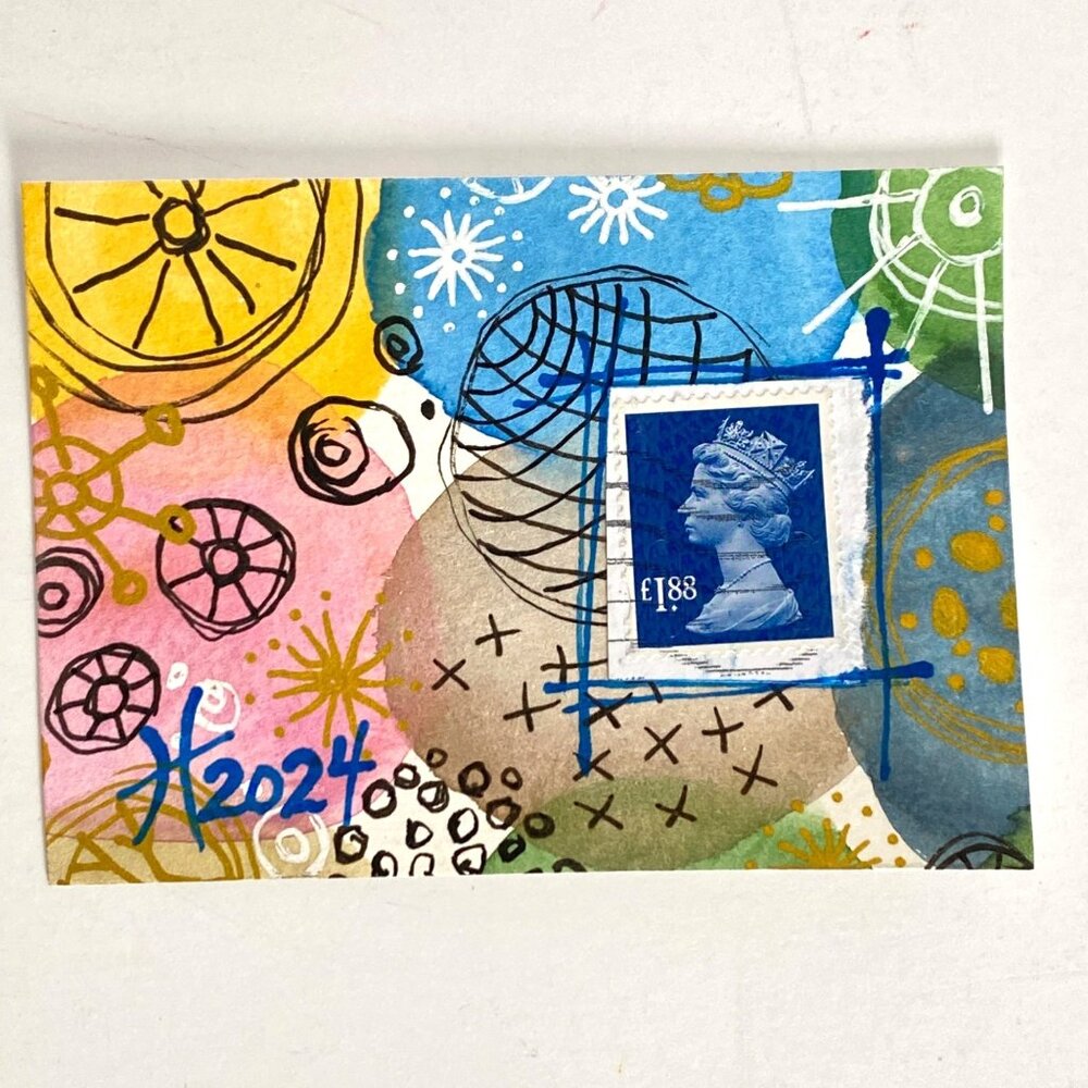 ACEO Original Watercolor Doodle UK Postage Stamp Art Tristina Dietz Elmes ATC